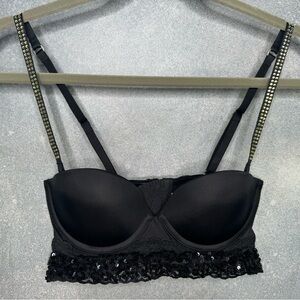 PINK Victoria's Secret Black Lace/Rhinestone Padded Bustier Bra - Size 34B